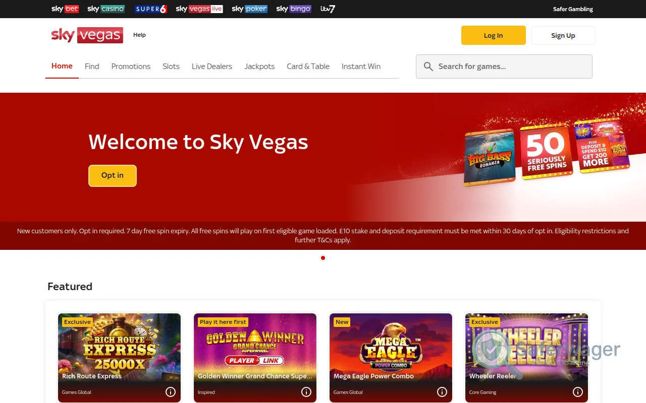 Sky Vegas homepage screenshot